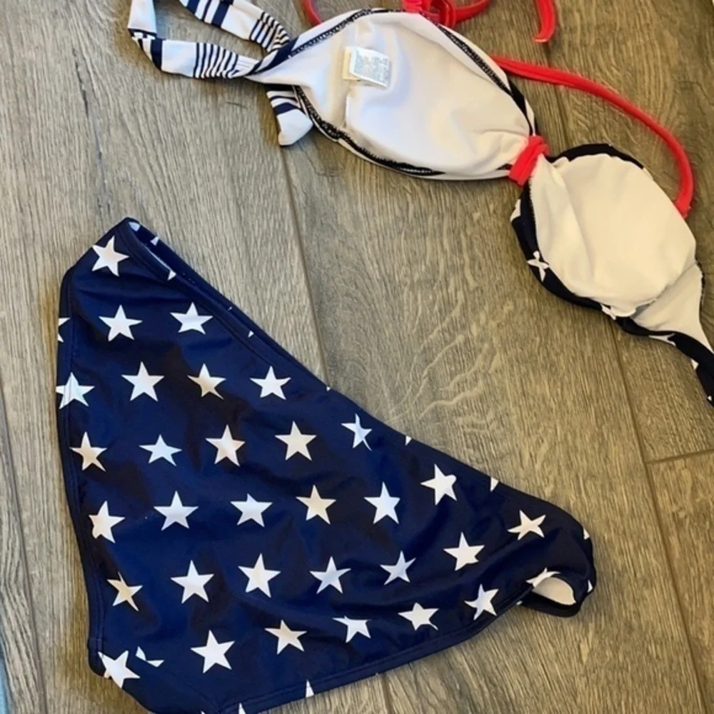 Old Navy swim flag swimsuit 4th of July Med bottoms XS top